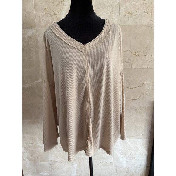 POL Beige Ribbed Knit Top - Small Cottagecore Holiday Boho Neutral Slouchy Layer - Picture 5 of 11